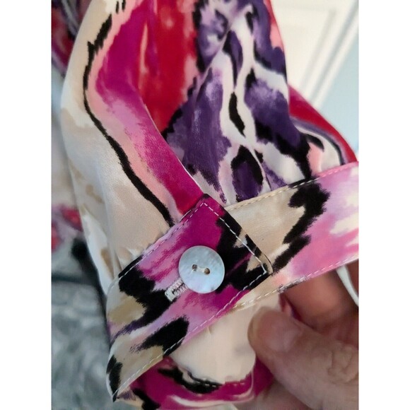 Chicos Blouse Women's L (2) Floral Boho Chic Tunic Top Flowy Flounce Satiny Pink - Picture 6 of 11